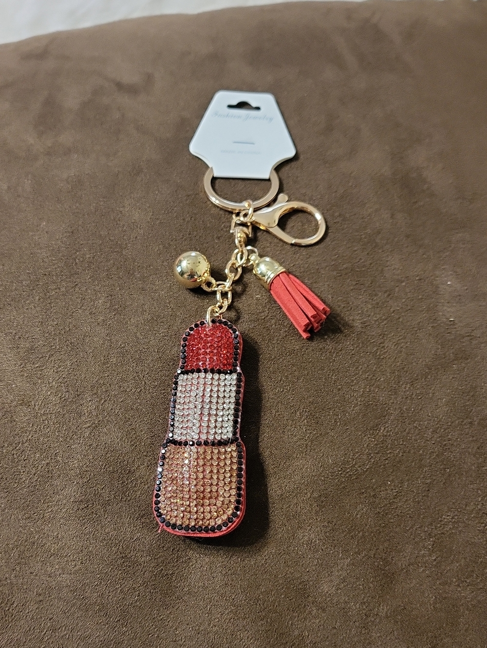 Rhinestone Lipstick Keychain with Tassel - Red & Gold